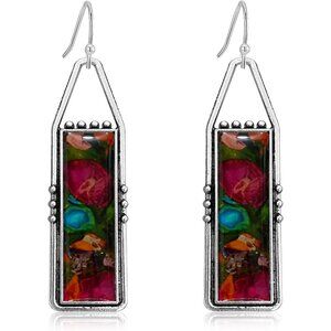 Red Handmade Bohemian Tribal Retro Colorful Square Bar Dangle Drop Earring